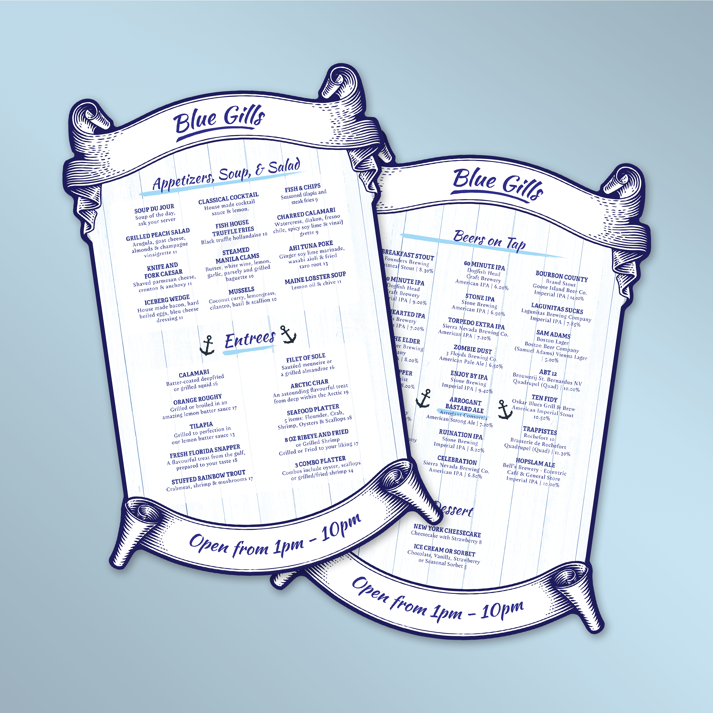 Blue Gills Seafood Die-Cut Menu Template - TerraSlate Inc.