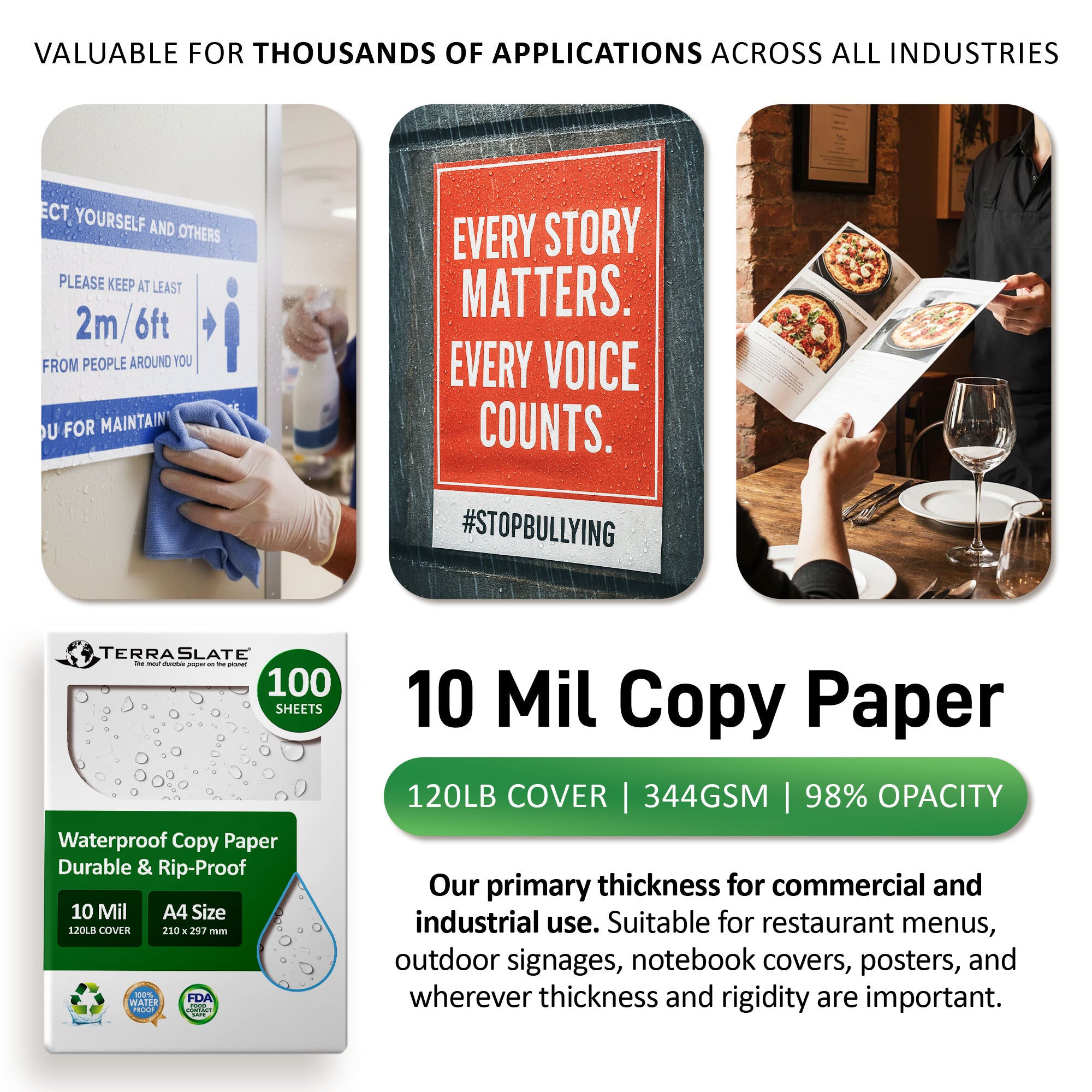 Papier de copie imperméable 10 mil A4 210 x 297 mm