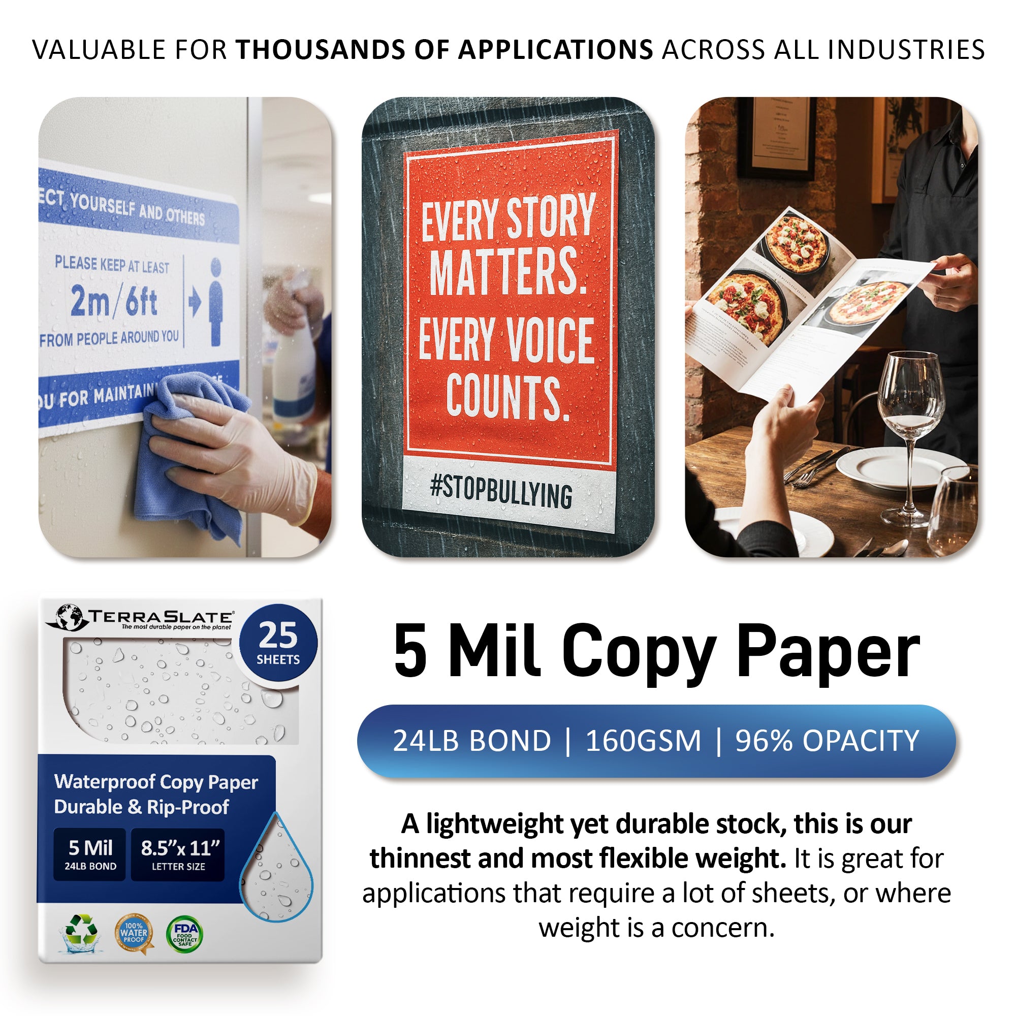 5 Mil Waterproof Copy Paper 8.5" x 11" Letter Size
