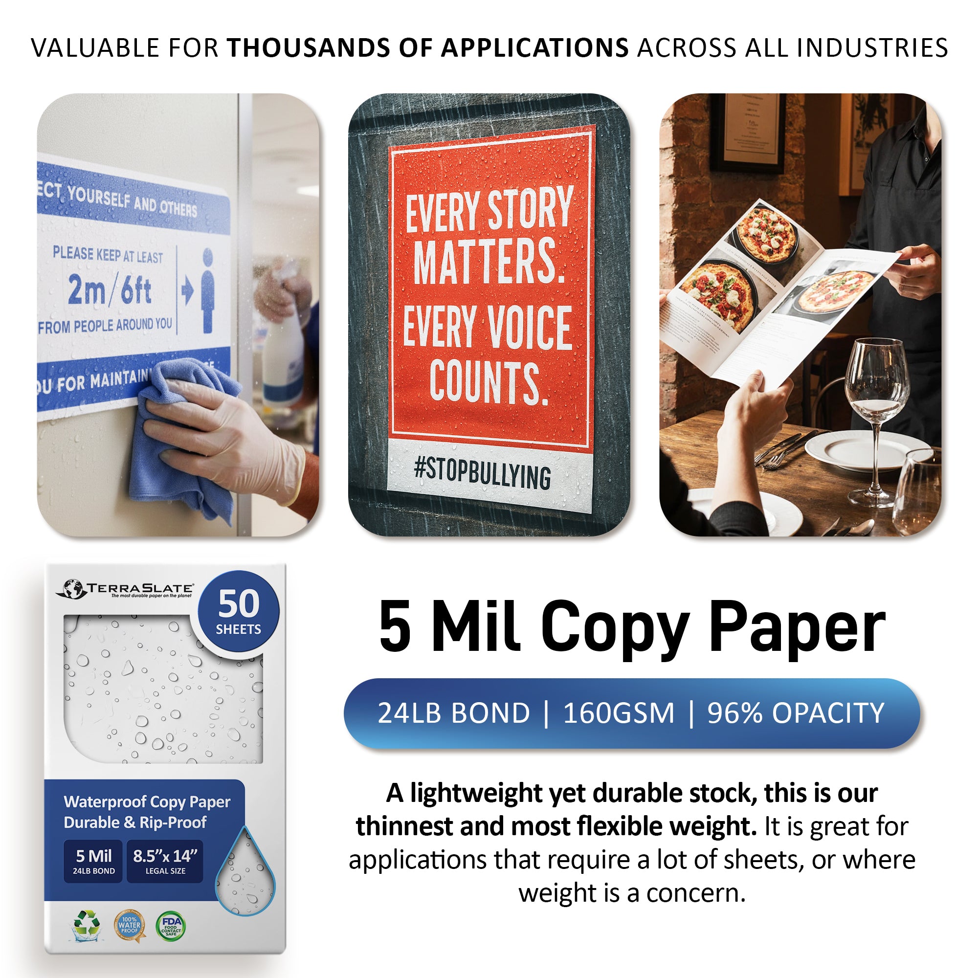5 Mil Waterproof Copy Paper 8.5" x 14" Legal Size