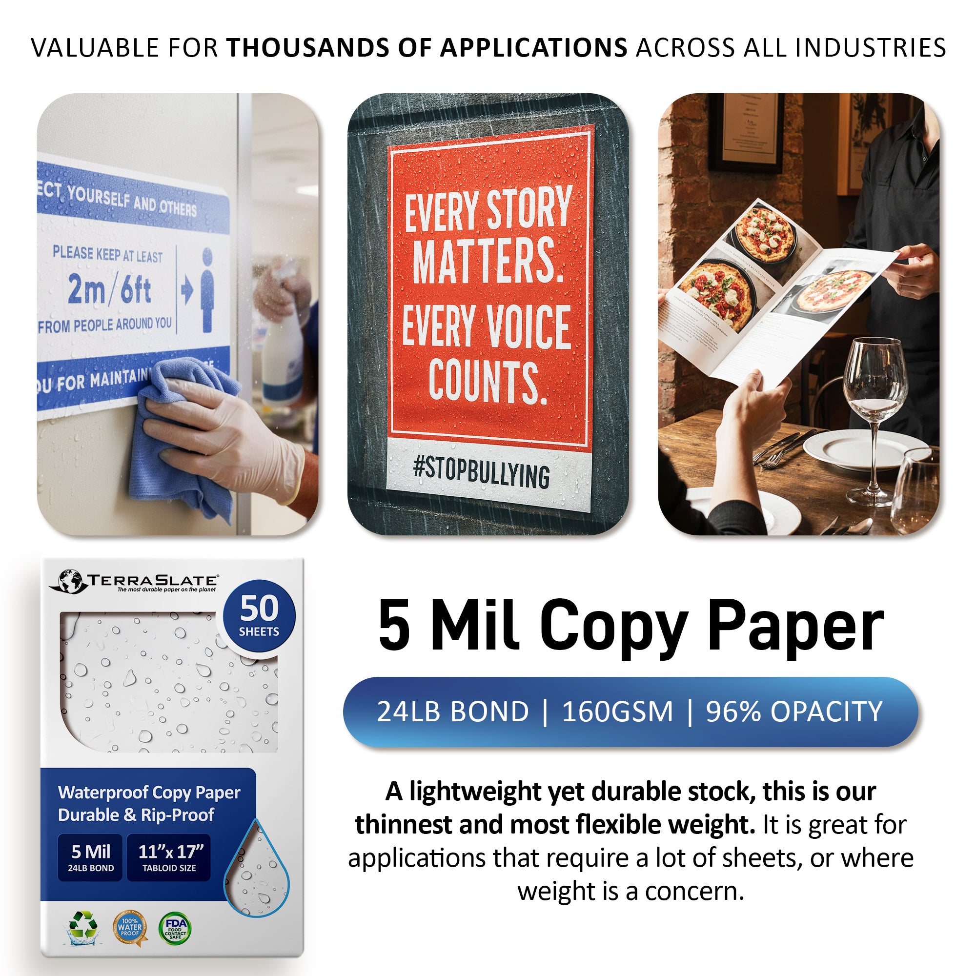 5 Mil Waterproof Copy Paper 11" x 17" Tabloid Size