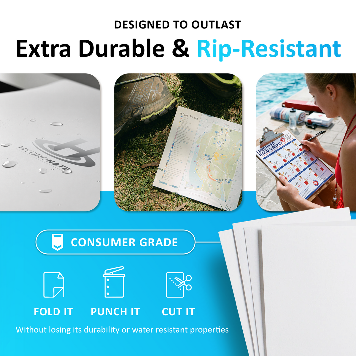 Hydronote Water-Resistant and Rip-Resistant Paper Samples
