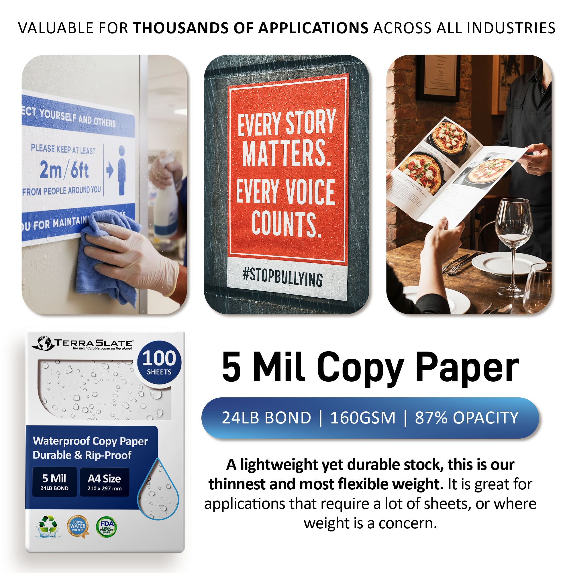 Papier de copie imperméable 5 mil, format A4, 210 × 297 mm
