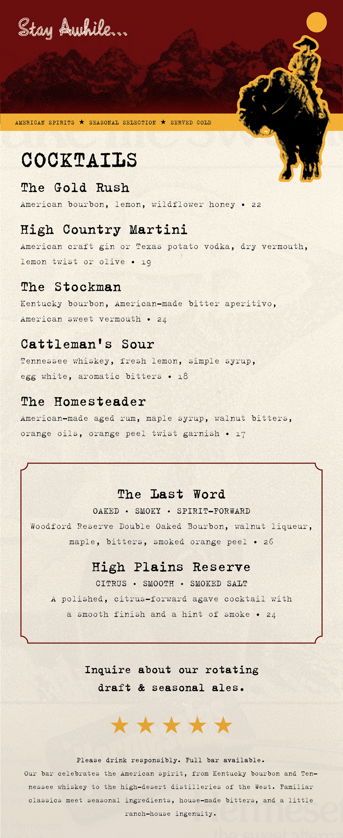 Upscale Western Steakhouse Menu Template - 6" x 15"