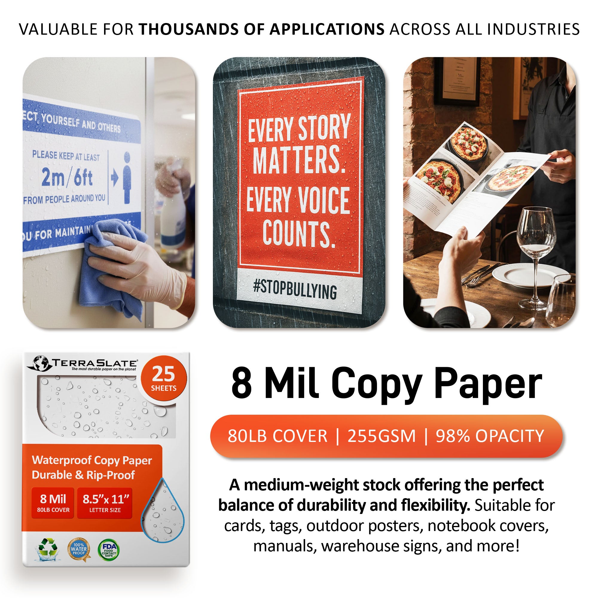 8 Mil Waterproof Copy Paper 8.5" x 11" Letter Size