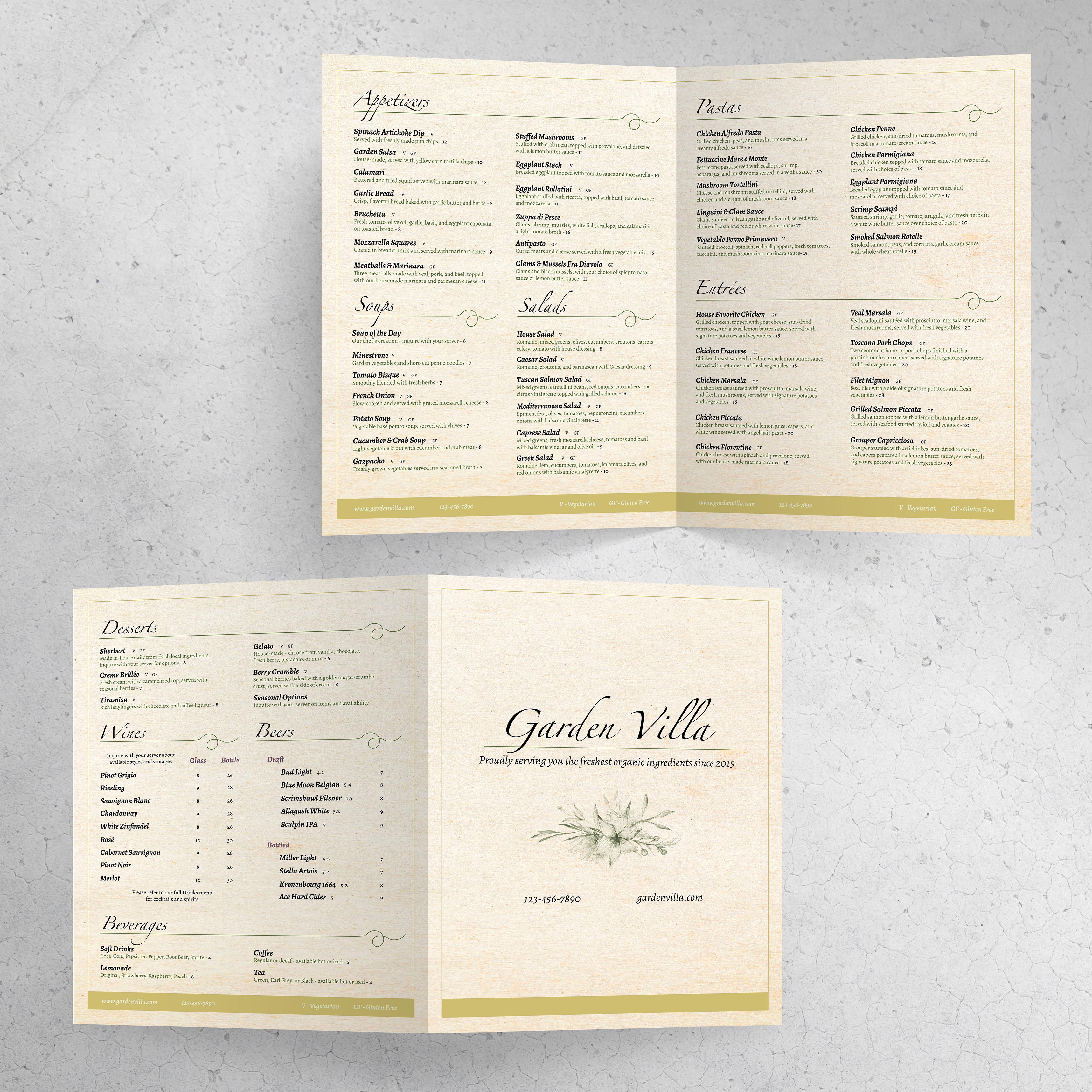 Italian Garden Menu Template 11" x 17" Bi-Fold - TerraSlate Inc.