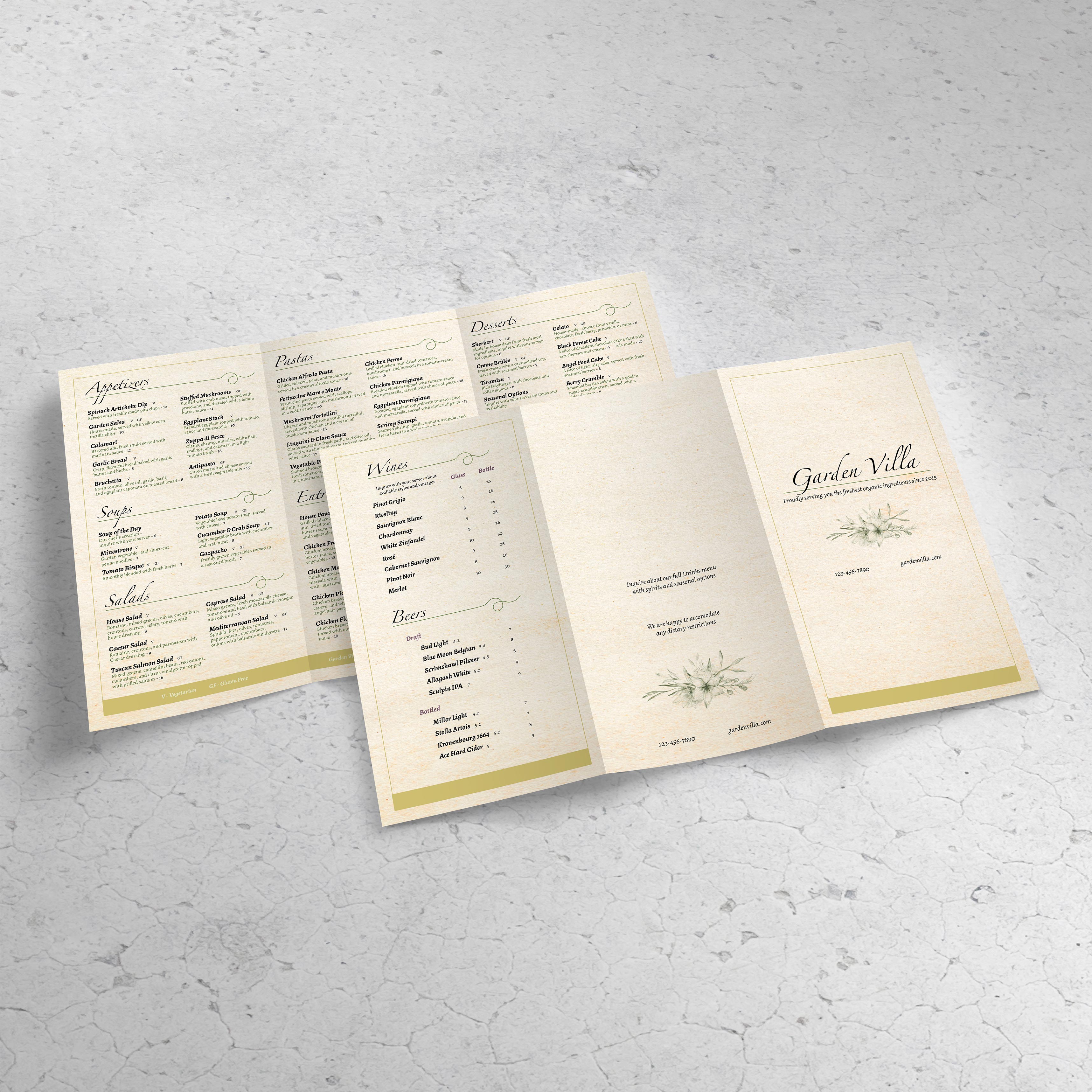 Italian Garden Menu Template 11" x 17" Tri-Fold - TerraSlate Inc.