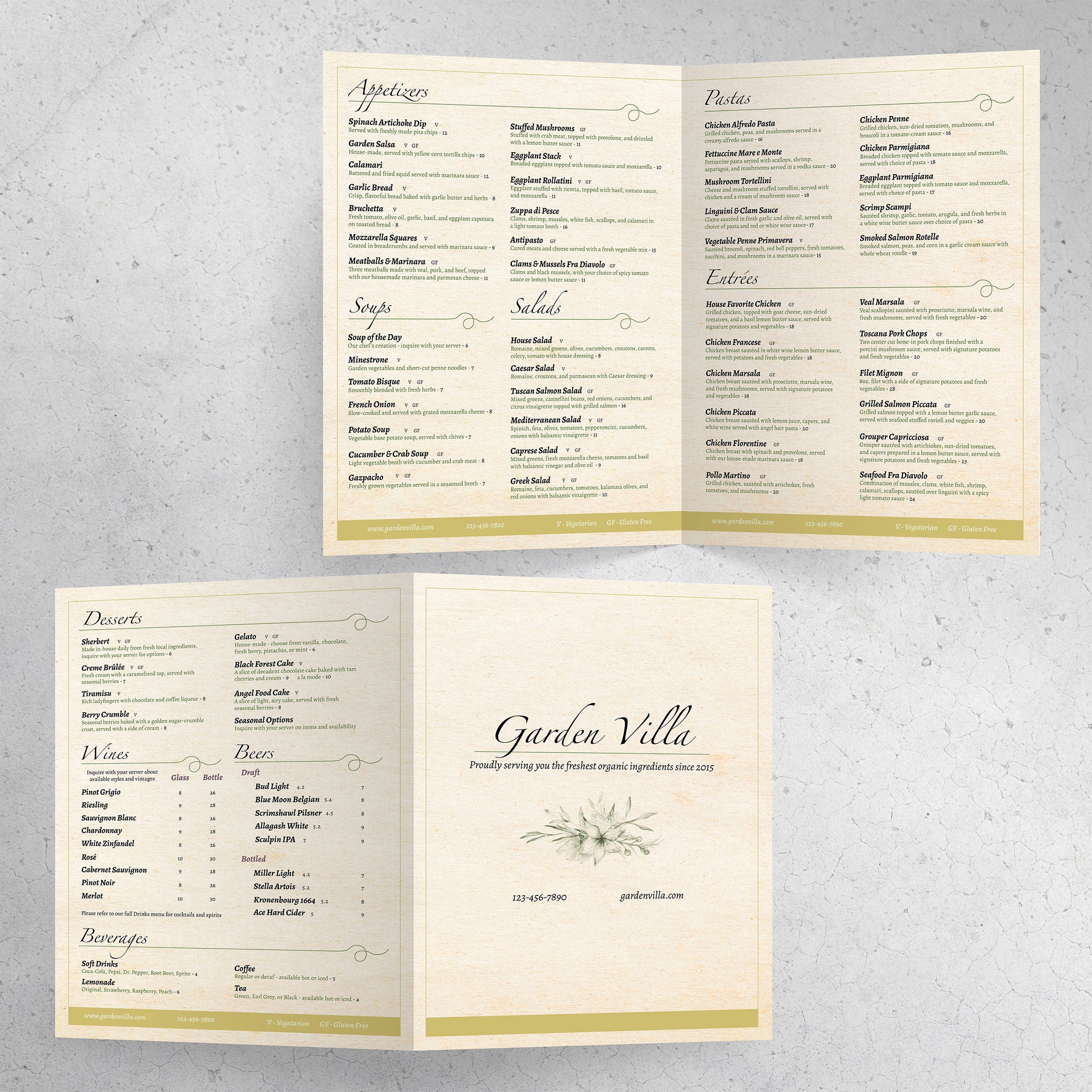Italian Garden Menu Template 12" x 18" Bi-Fold - TerraSlate Inc.
