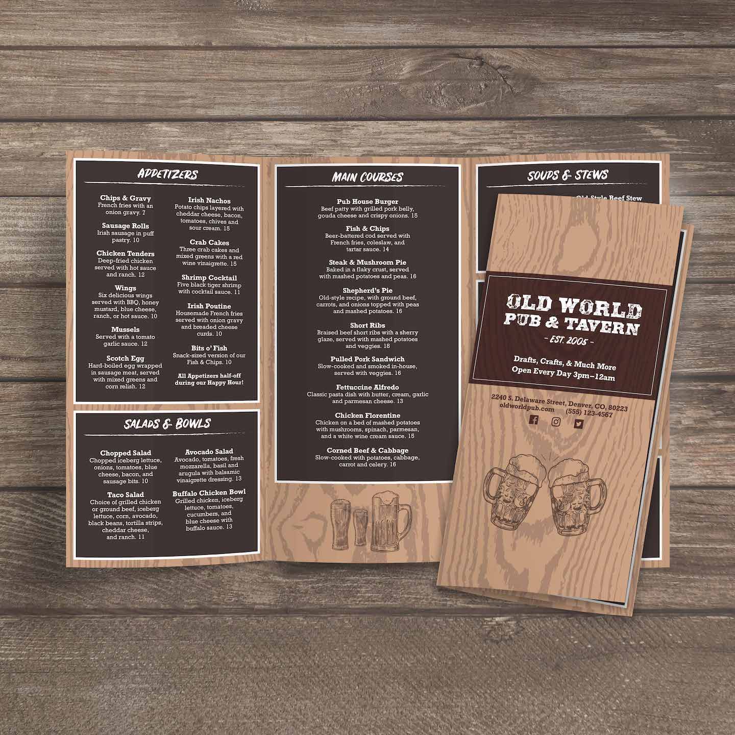Old World Pub Menu Template 12" x 18" Tri-Fold - TerraSlate Inc.