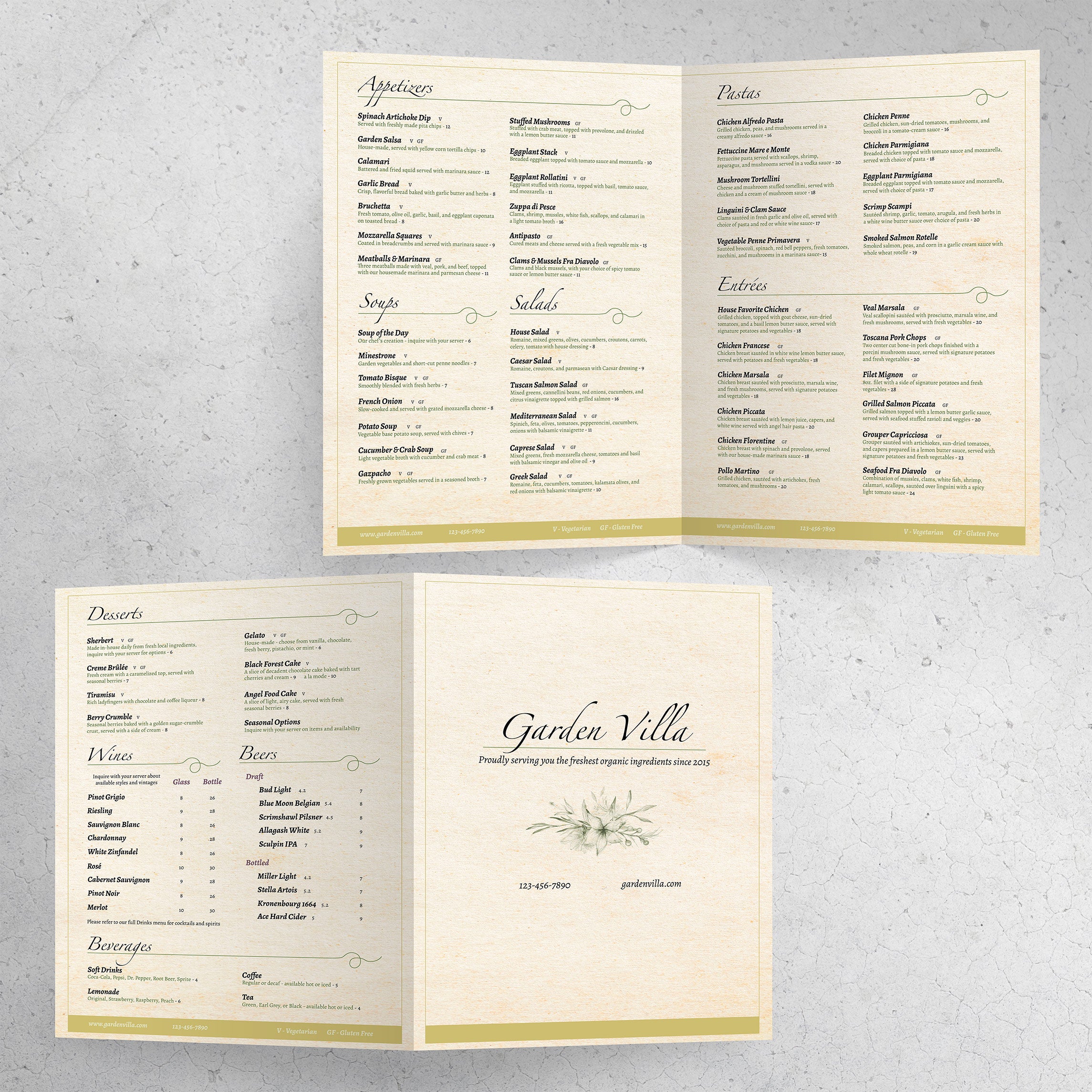 Italian Garden Menu Template 13" x 19" Bi-Fold - TerraSlate Inc.