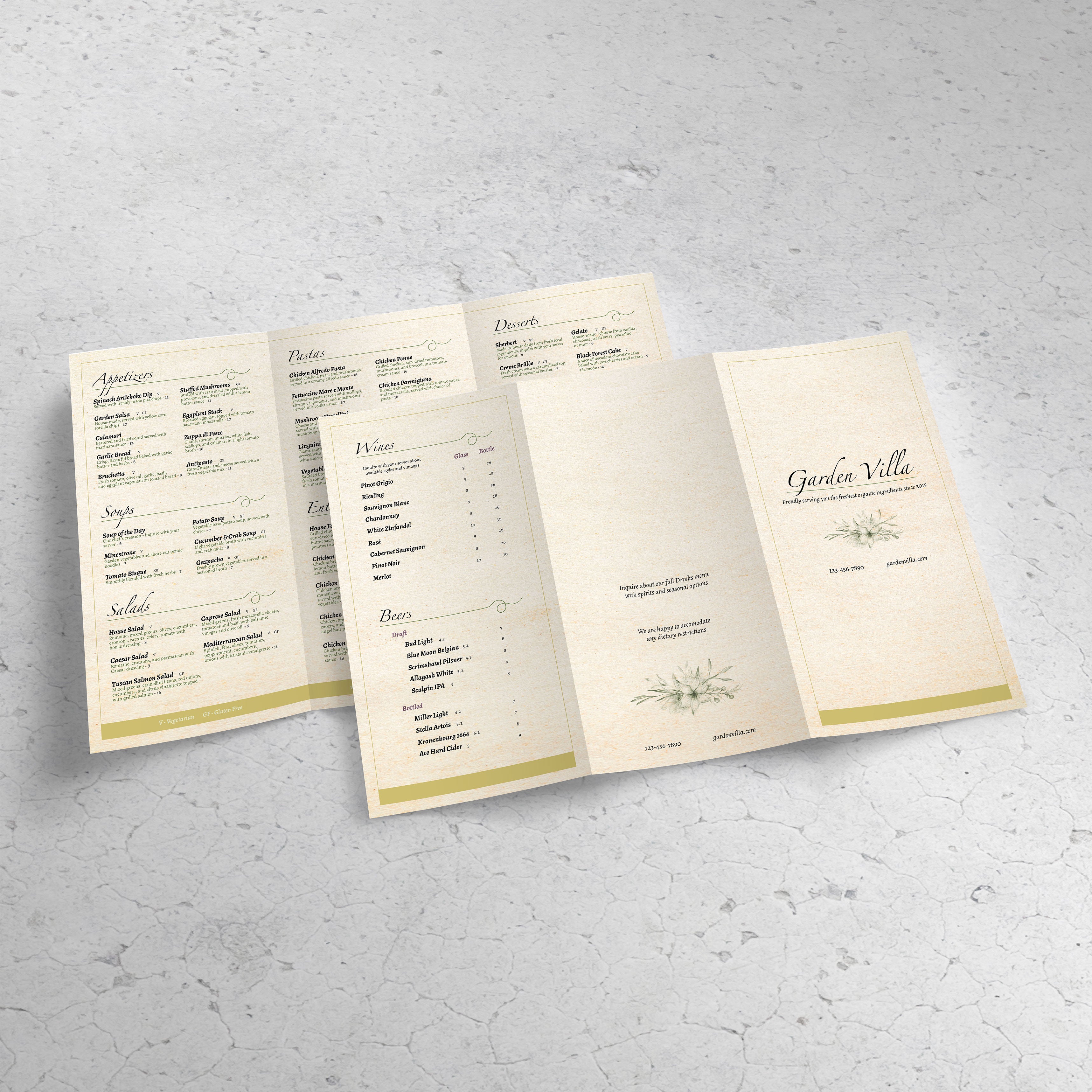 Italian Garden Menu Template 13" x 19" Tri-Fold - TerraSlate Inc.