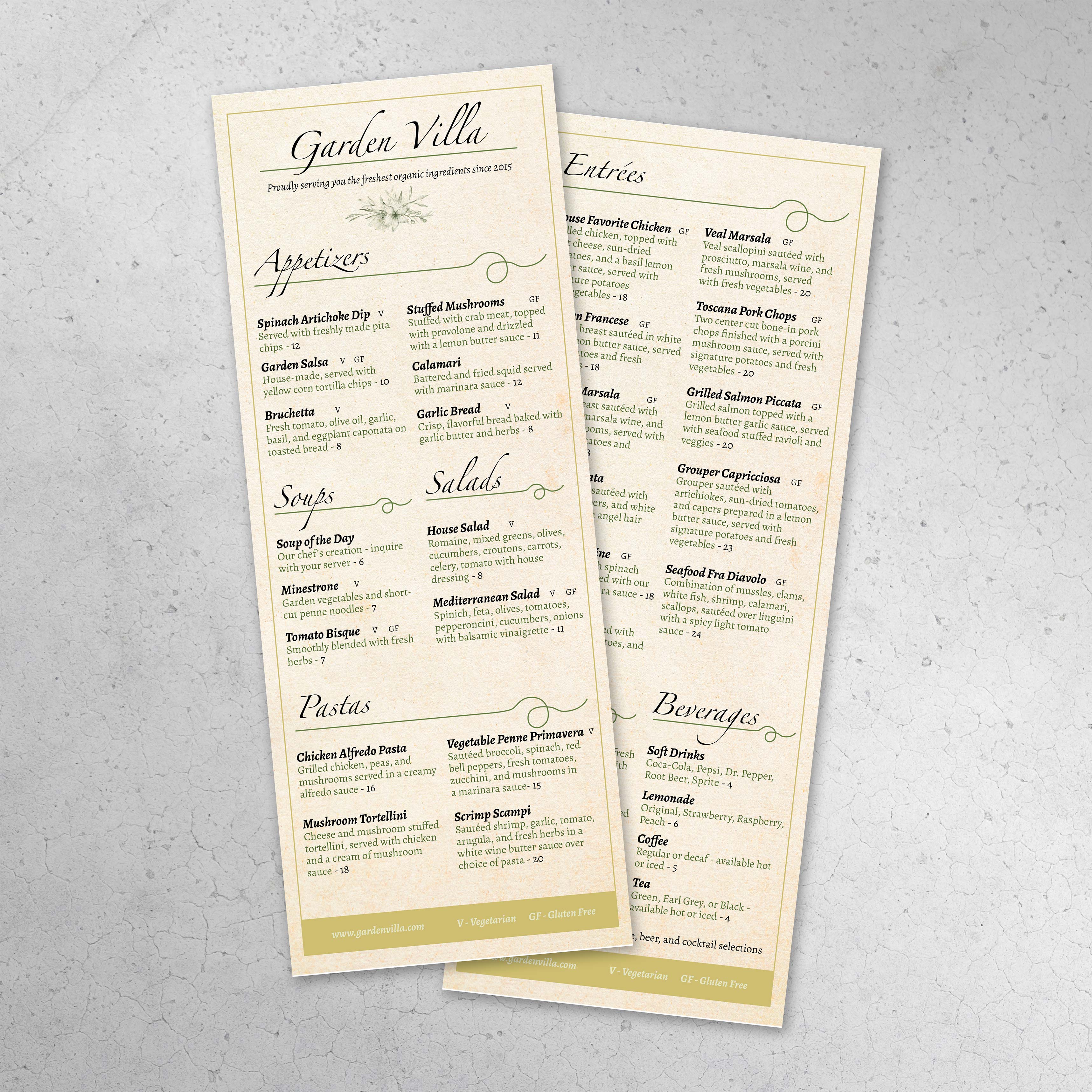 Italian Garden Menu Template 4.25" x 11" - TerraSlate Inc.