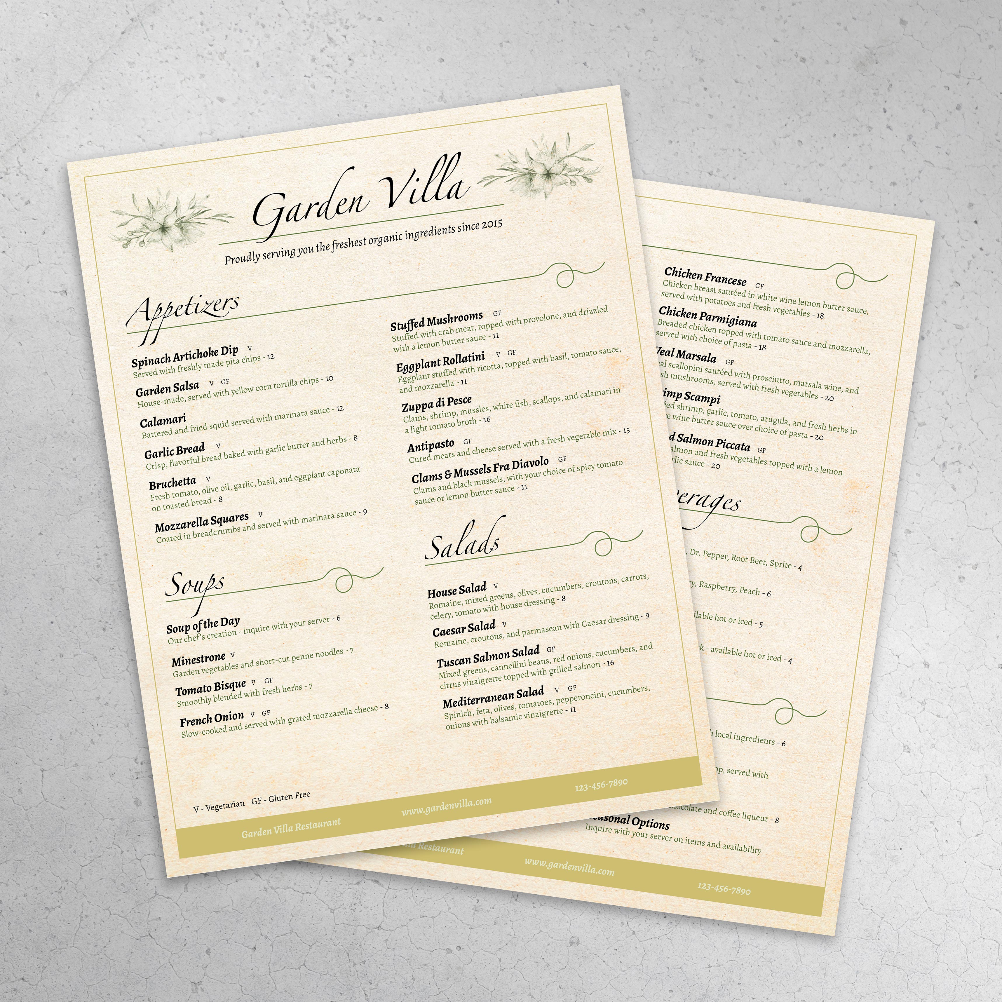 Italian Garden Menu Template 8.5" x 11" - TerraSlate Inc.