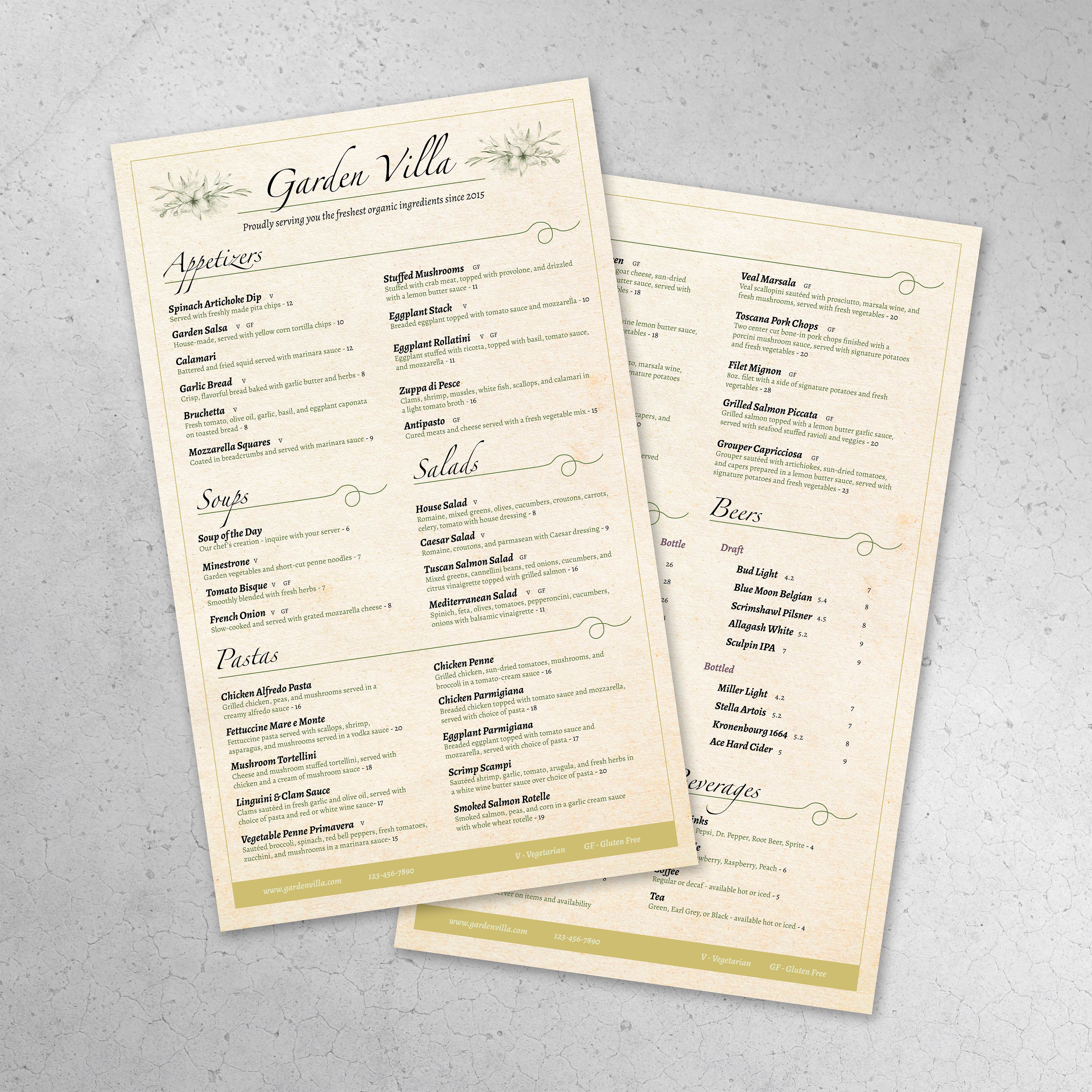 Italian Garden Menu Template 8.5" x 14" - TerraSlate Inc.