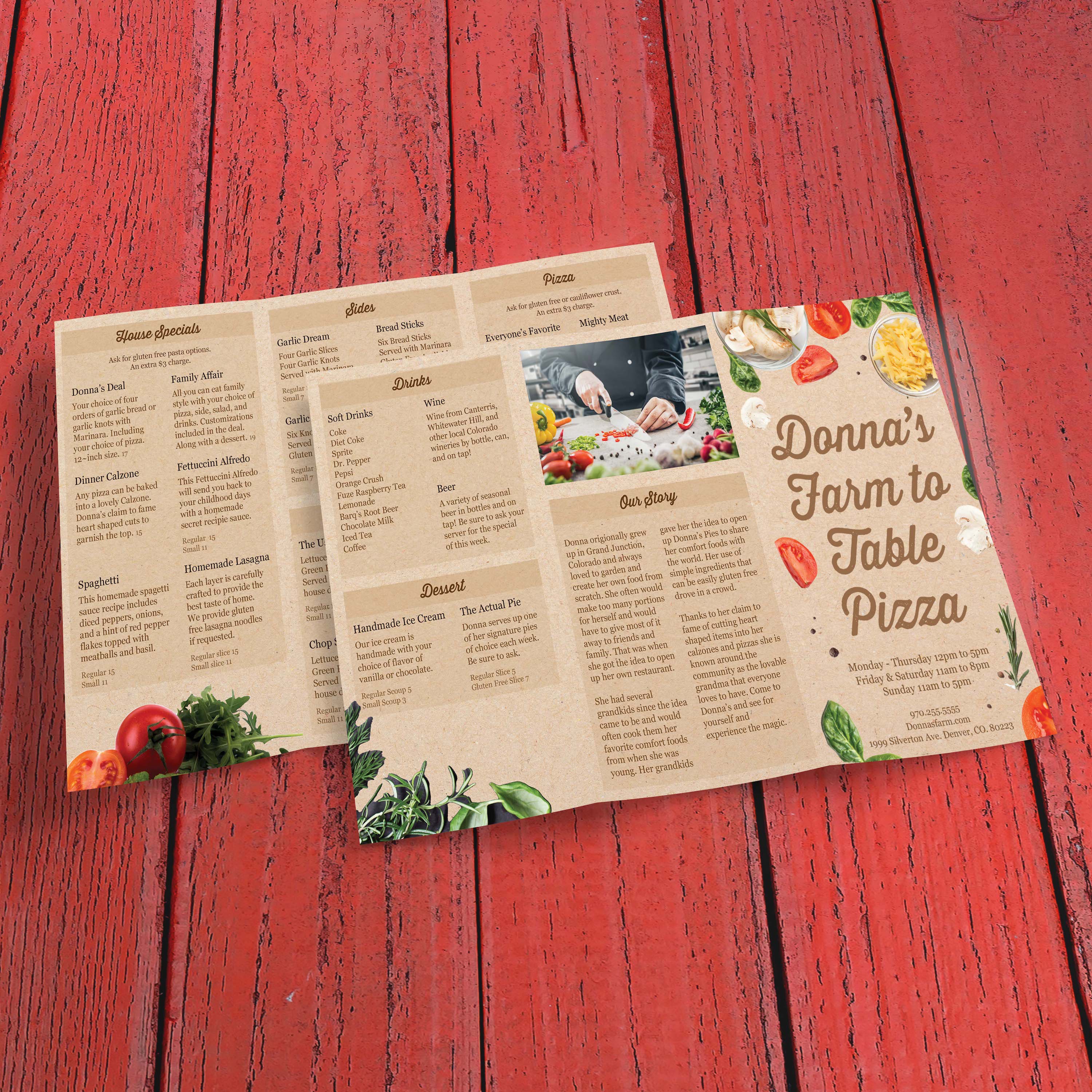 Farm to Table Pizza Menu Template 8.5" x 14" Tri-Fold - TerraSlate Inc.