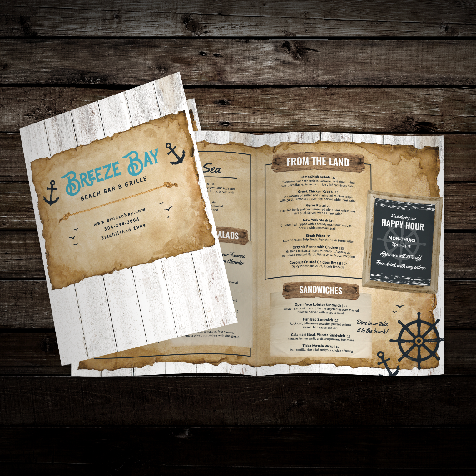 Beach Bar & Grille Menu Template 11" x 17" Bi-Fold - TerraSlate Inc.