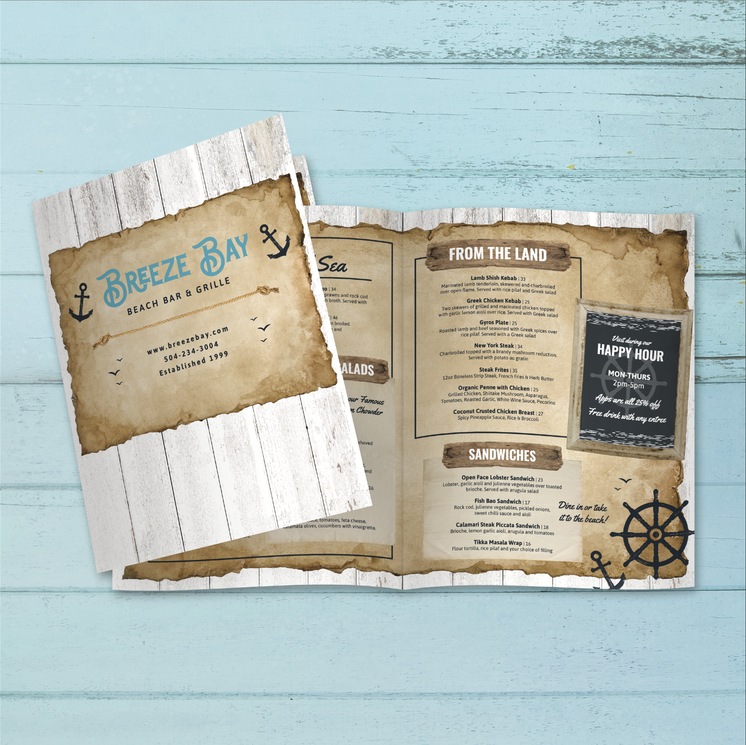 Beach Bar & Grille Menu Template 11" x 17" Bi-Fold - TerraSlate Inc.