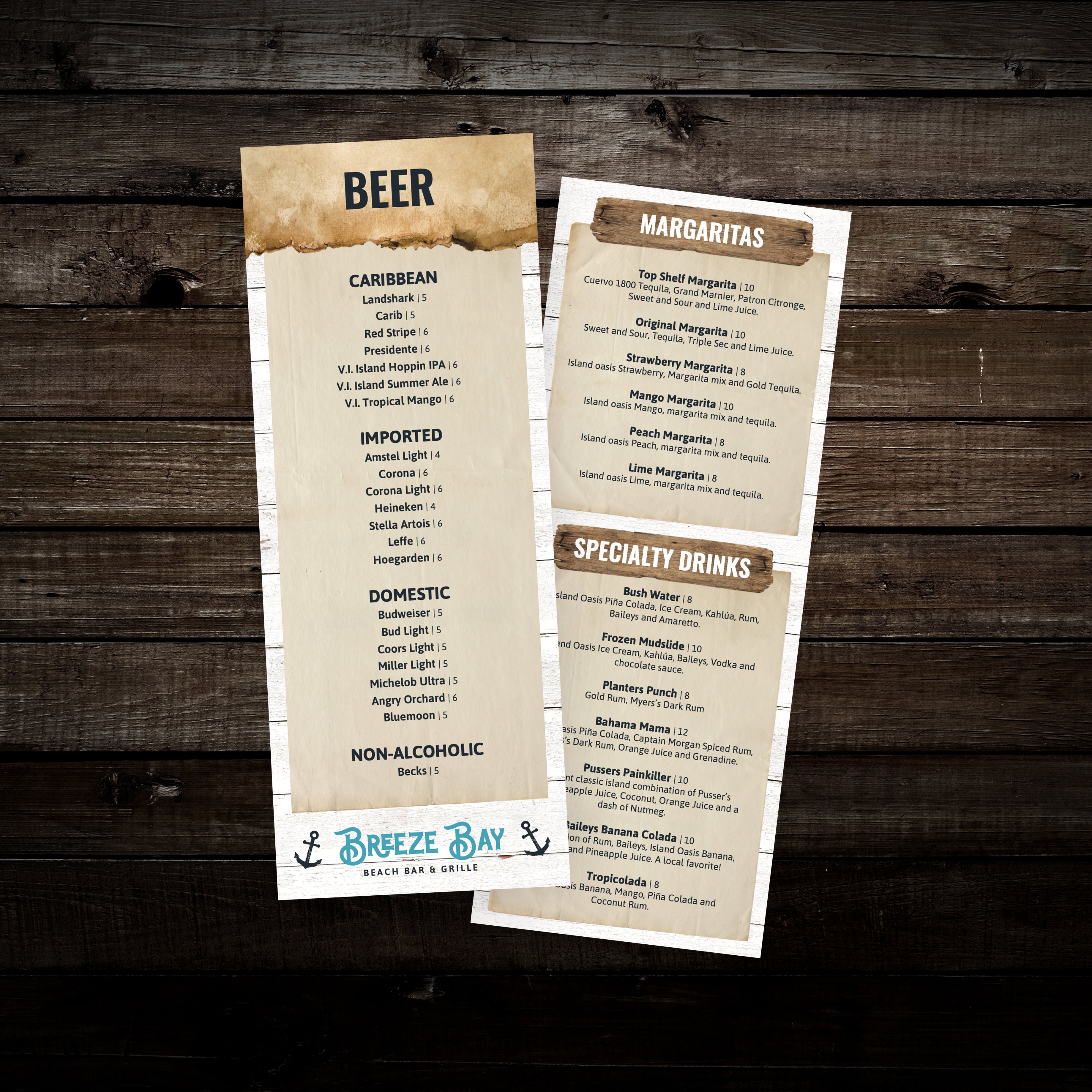 Beach Bar & Grille Menu Template 4.25" x 11" - TerraSlate Inc.
