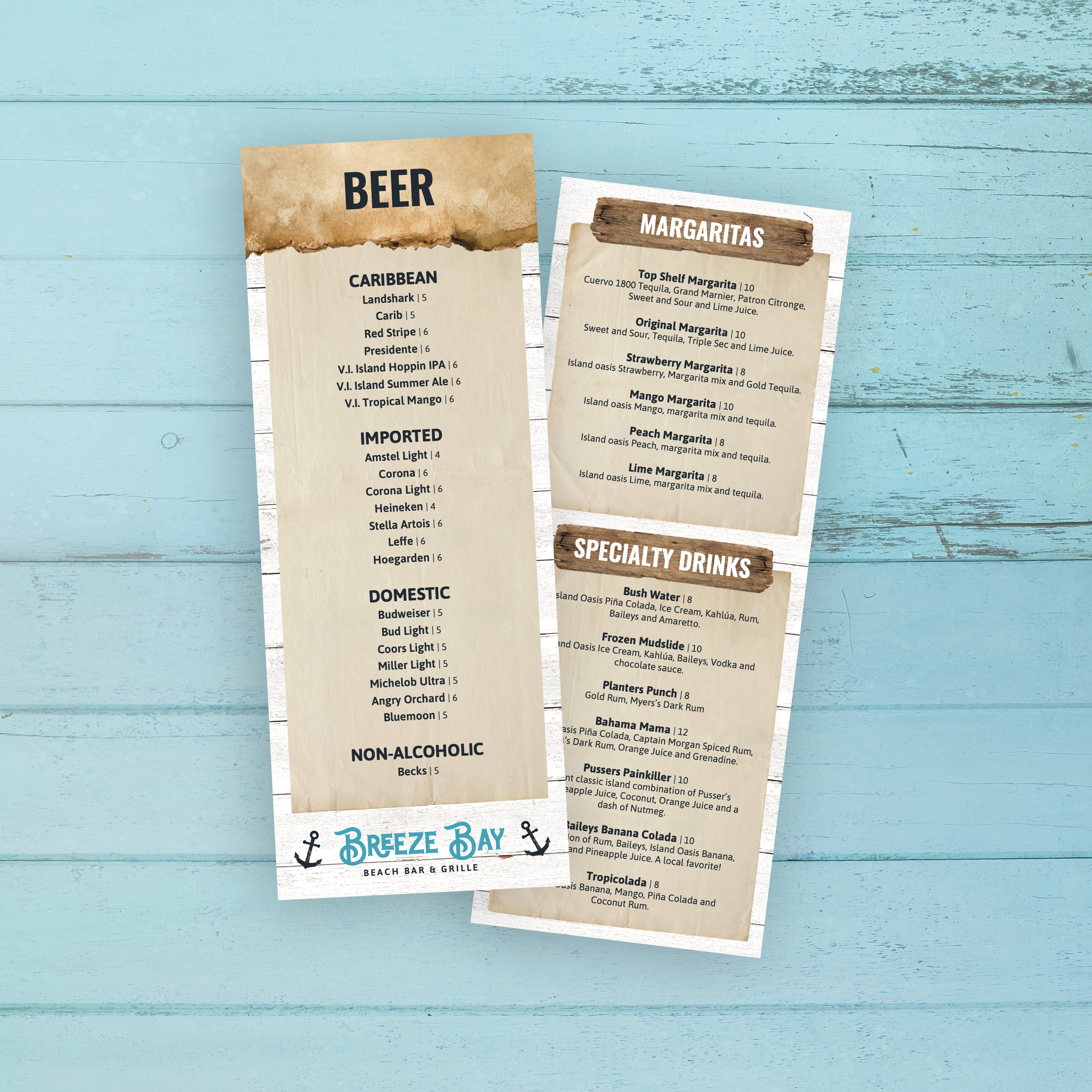 Beach Bar & Grille Menu Template 4.25" x 11" - TerraSlate Inc.