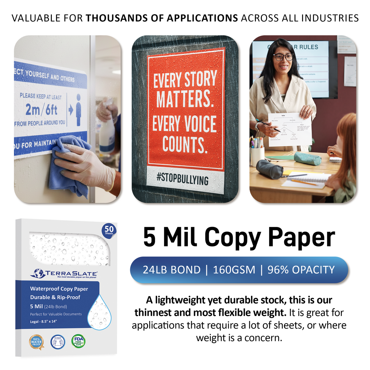 Papel de copia impermeable de 5 mil, tamaño legal de 8,5" x 14"