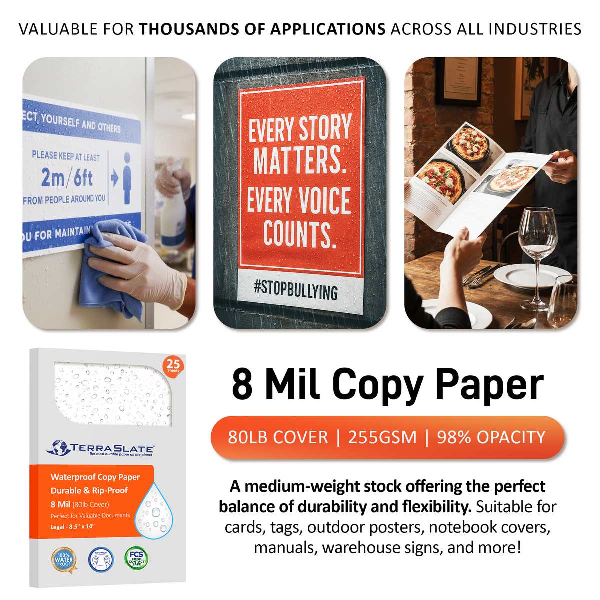 8 Mil Waterproof Copy Paper 8.5" x 14" Legal Size